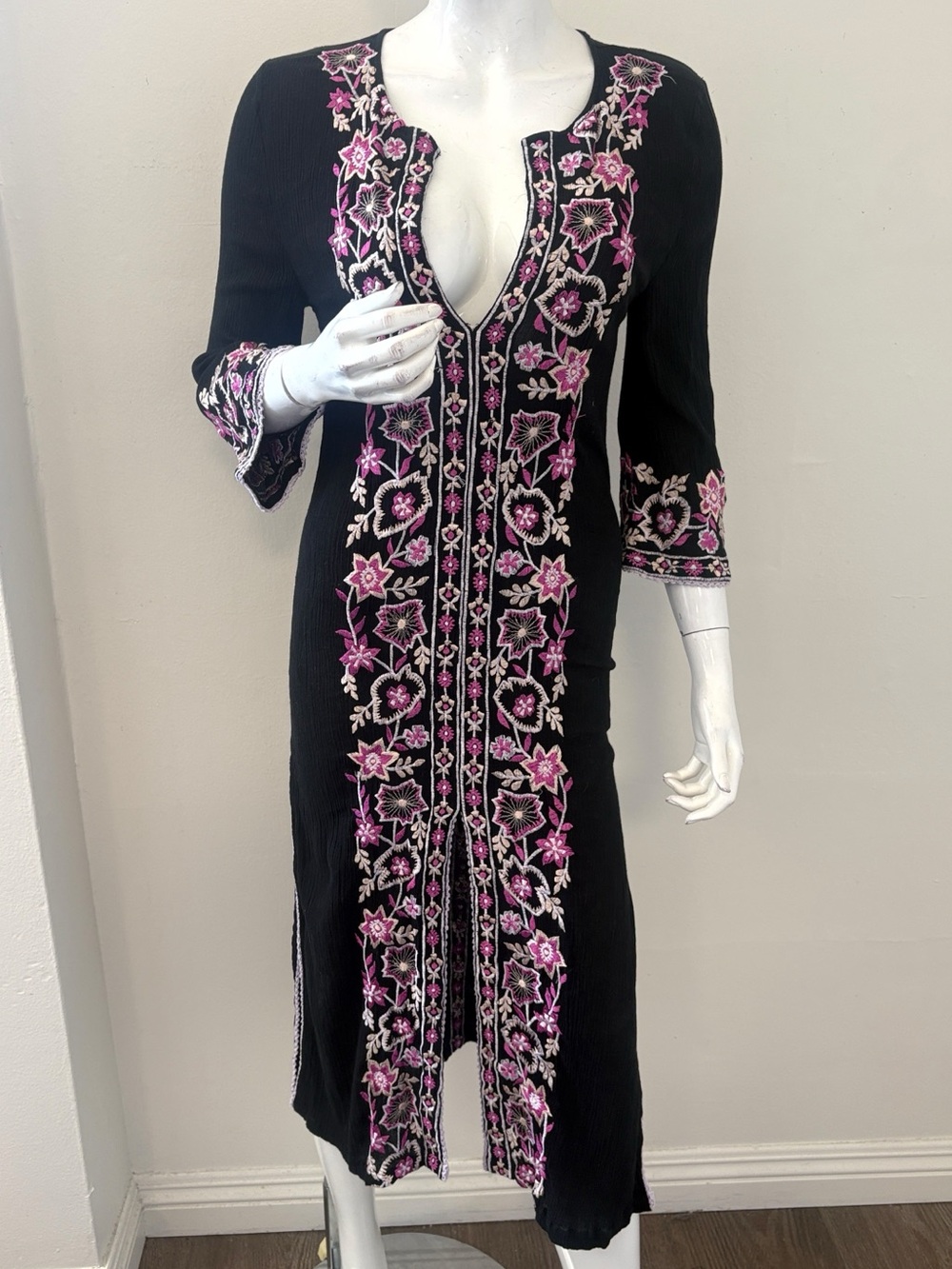 MISA Los Angeles Black w Pink & Cream Embroidery Coverup Deep V Midi Dress